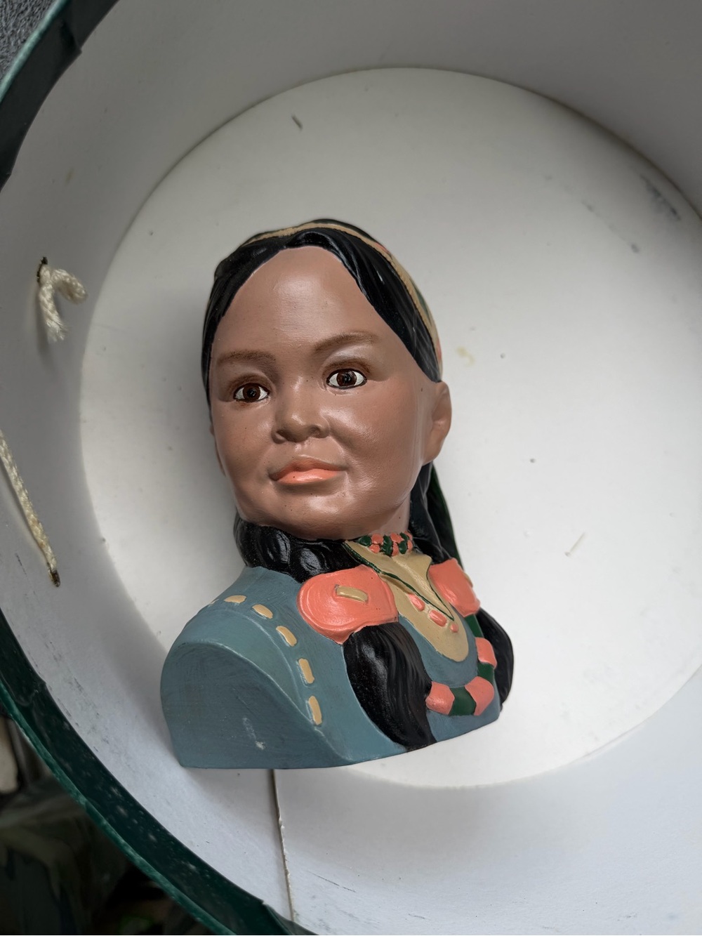 Decorative Hand-Painted Ceramic Maiden Bust in Teal and Black